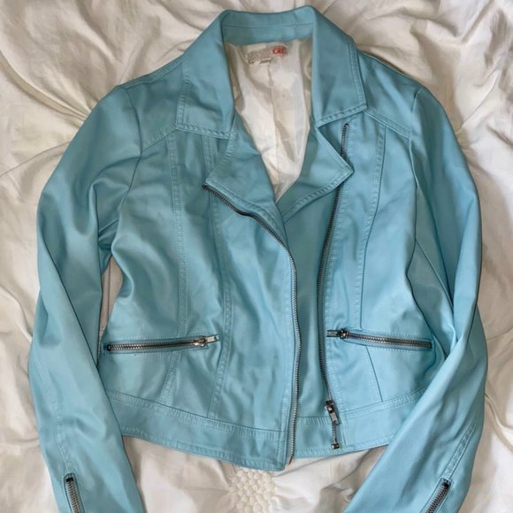 sky blue leather jacket
